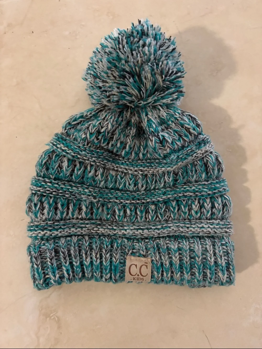 C.C Kids Teal & Gray Pom Pom Knit Hat